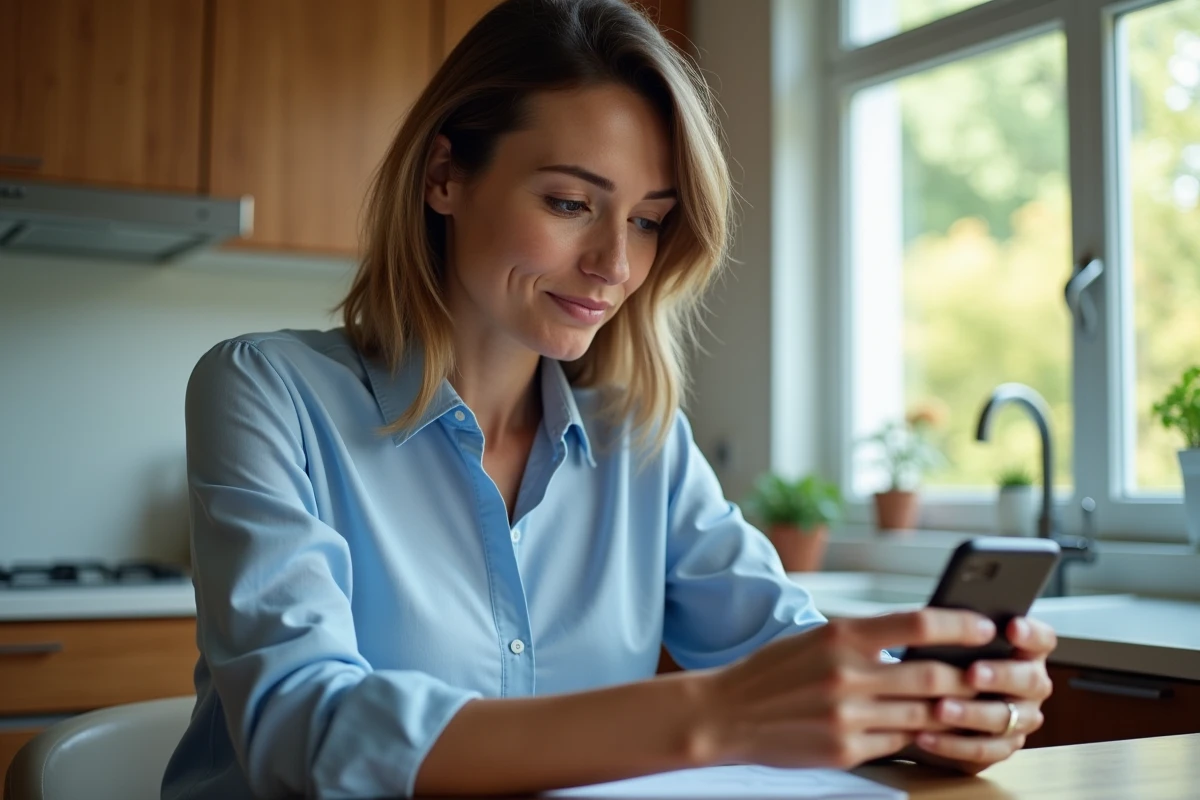 Femme assise à la cuisine utilisant son smartphone