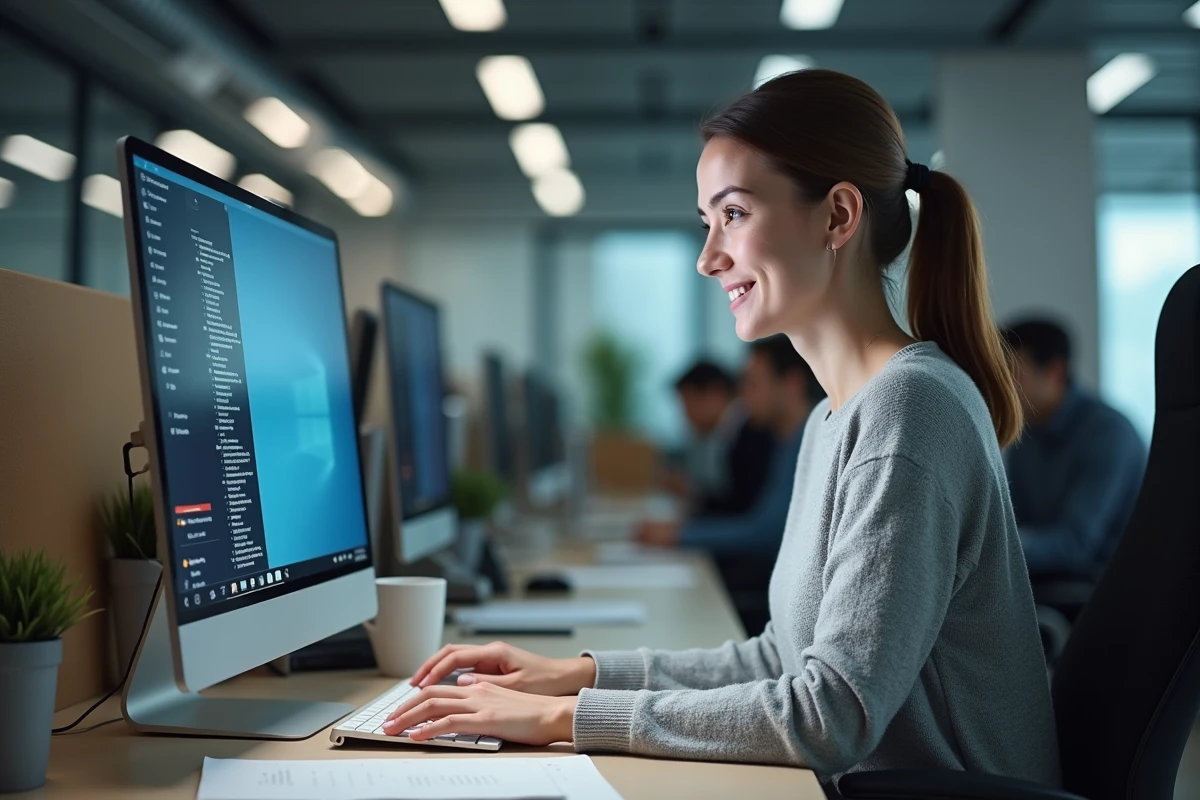 Femme utilisant un ordinateur dans un bureau moderne