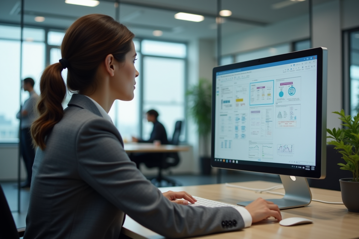 Femme d affaires au bureau examine des diagrammes de workflow