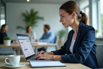 Femme professionnelle utilisant Excel pour calculer des âges avec des formules dans un bureau moderne