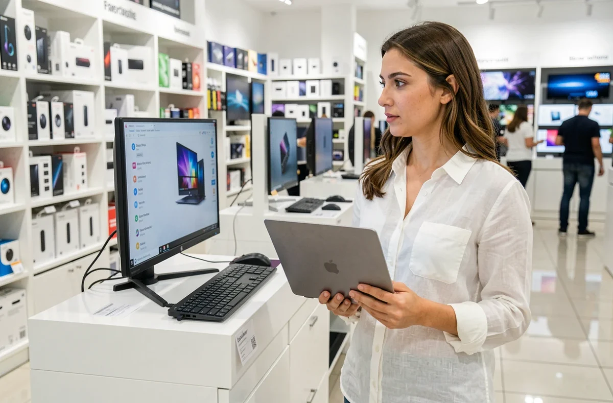 Femme hésitant entre un ordinateur portable et un PC fixe dans un magasin d'électronique