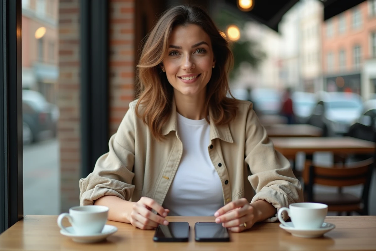 Femme comparant deux smartphones Samsung Galaxy dans un café urbain, évaluant le meilleur modèle qualité-prix 2026