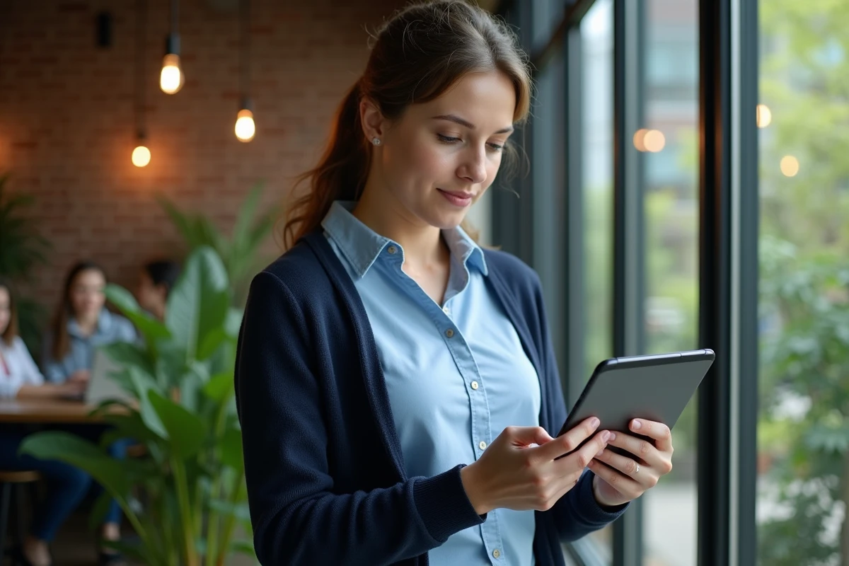 Femme utilisant une tablette dans un espace de coworking