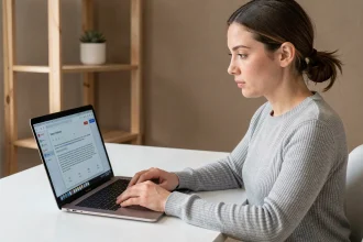 Femme utilisant un compteur de caractères sur son ordinateur portable dans un bureau moderne et épuré