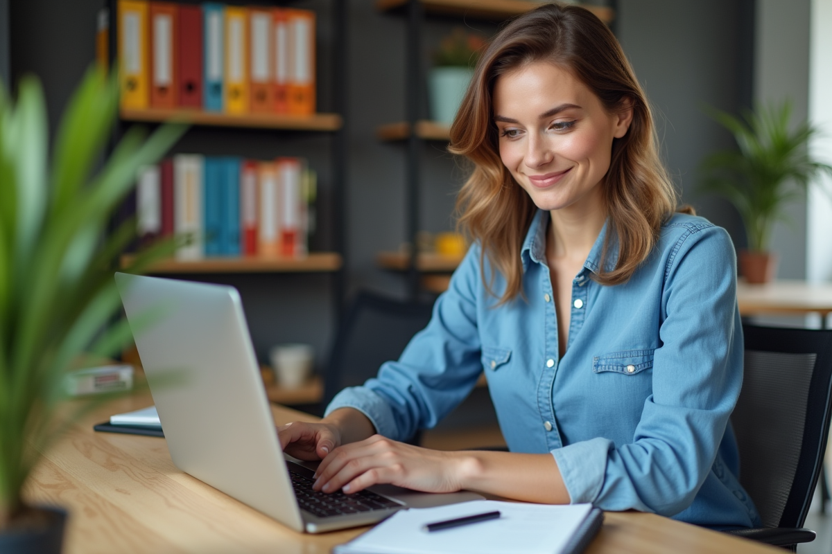 Femme souriante configure Google Drive sur son ordinateur