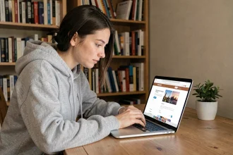 Jeune femme utilisant un site web de conversion audio sur son ordinateur portable à son bureau à domicile