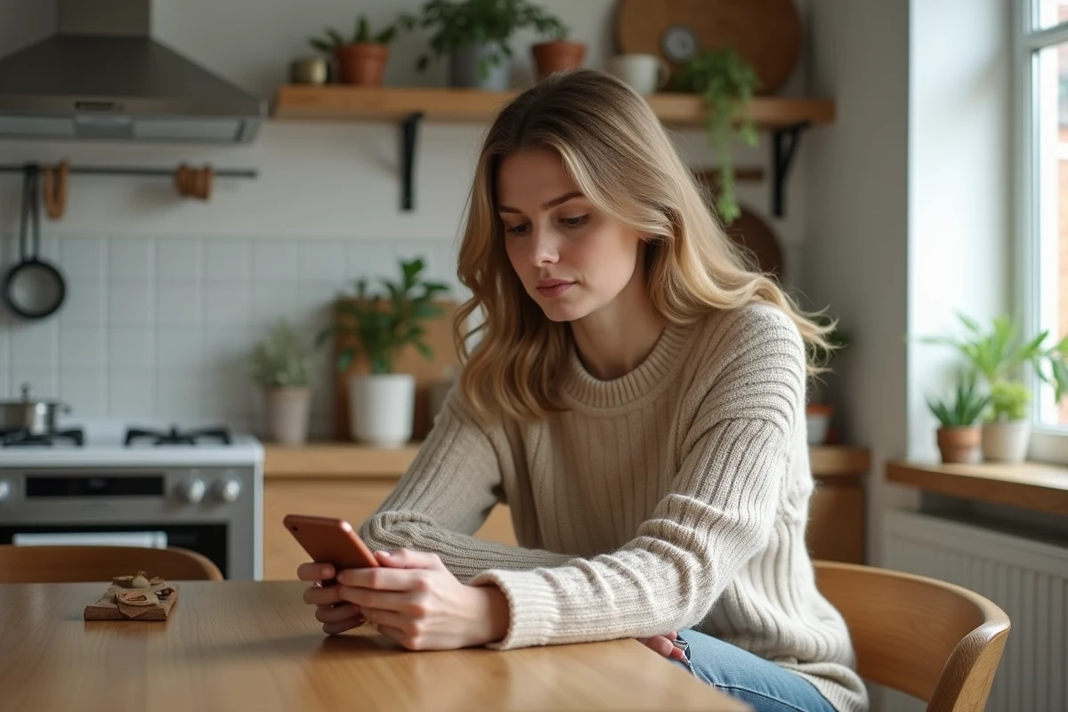 Femme dans sa cuisine utilisant un smartphone Android
