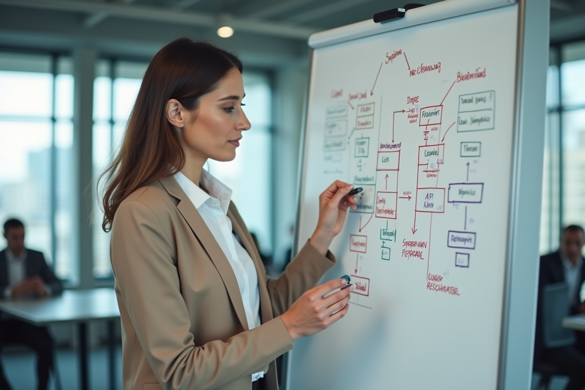 Femme dessinant un diagramme API sur tableau blanc