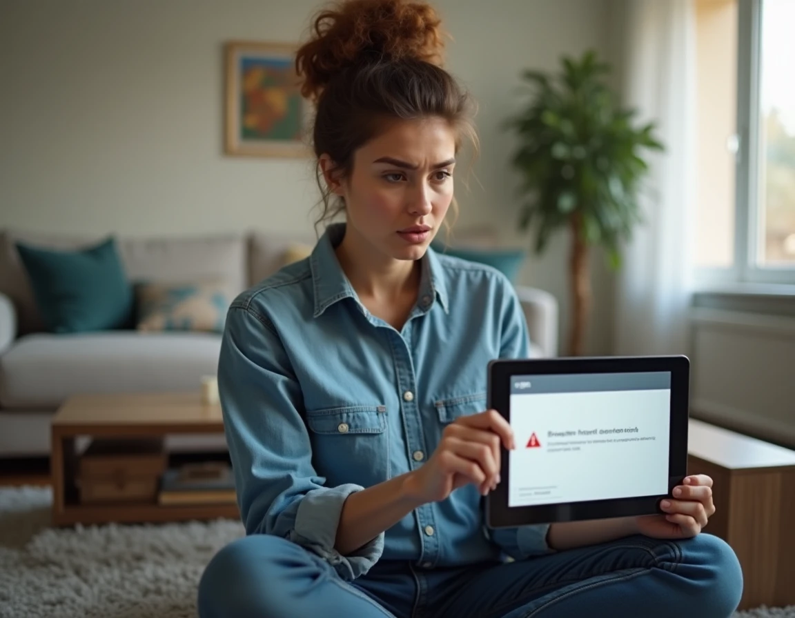 Jeune femme perplexe regardant un message d'erreur de connexion sur sa tablette