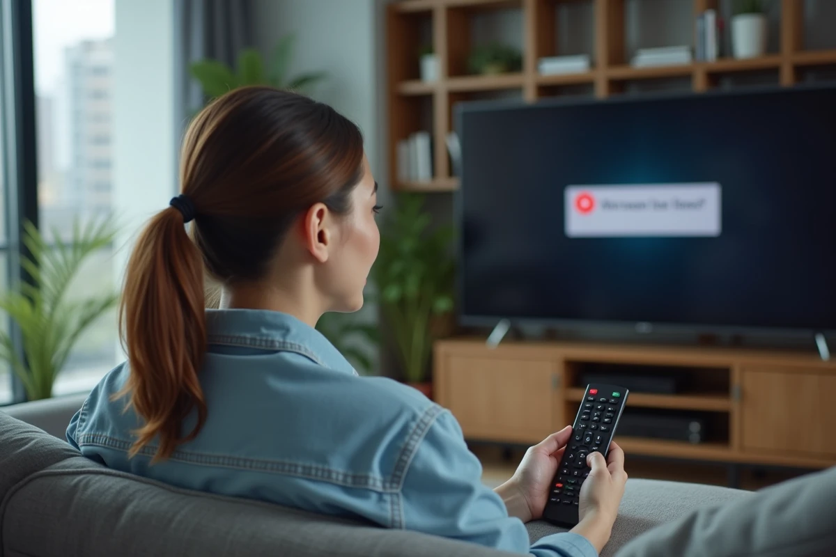 Femme face à un message d'erreur L11-06 sur son téléviseur Orange à domicile