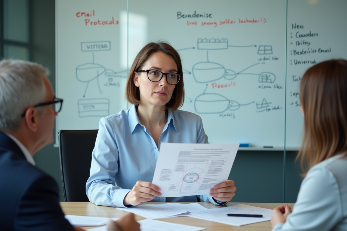 Femme expliquant des protocoles email à ses collègues