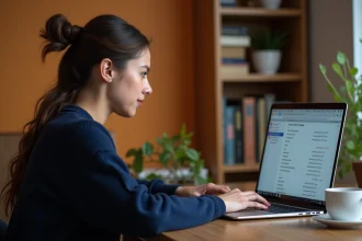Femme consultant les paramètres de confidentialité et l'historique de navigation sur un ordinateur portable dans un bureau à domicile