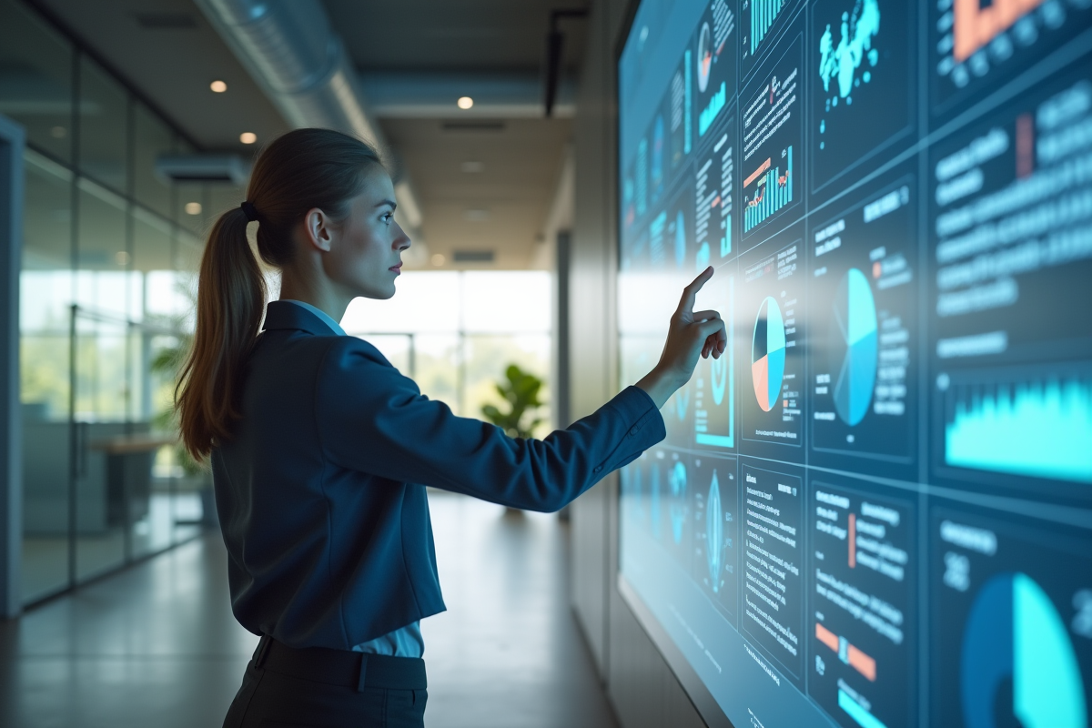 Jeune femme utilisant un grand écran digital dans un espace hightech