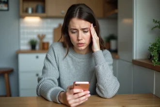 Femme inquiète consultant le dossier 'Récemment supprimés' sur son iPhone pour récupérer des photos effacées définitivement