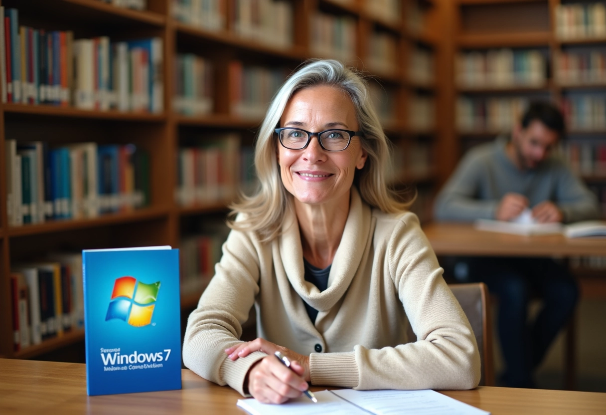 Femme lisant un DVD Windows 7 à la bibliothèque