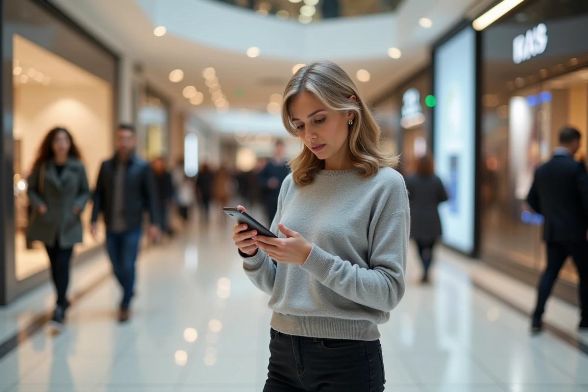 Femme dans un centre commercial compare deux smartphones