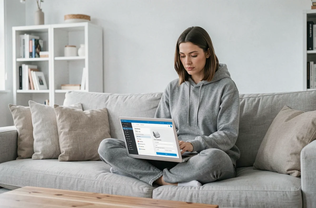 Femme optimisant les performances de son ordinateur portable avec un logiciel système depuis son salon