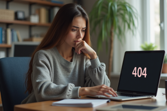 Jeune femme face à un ordinateur affichant erreur 404