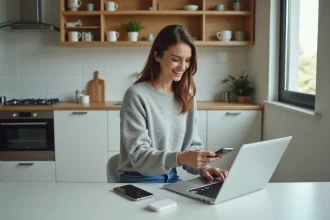 Femme organisée avec ordinateur dans cuisine moderne