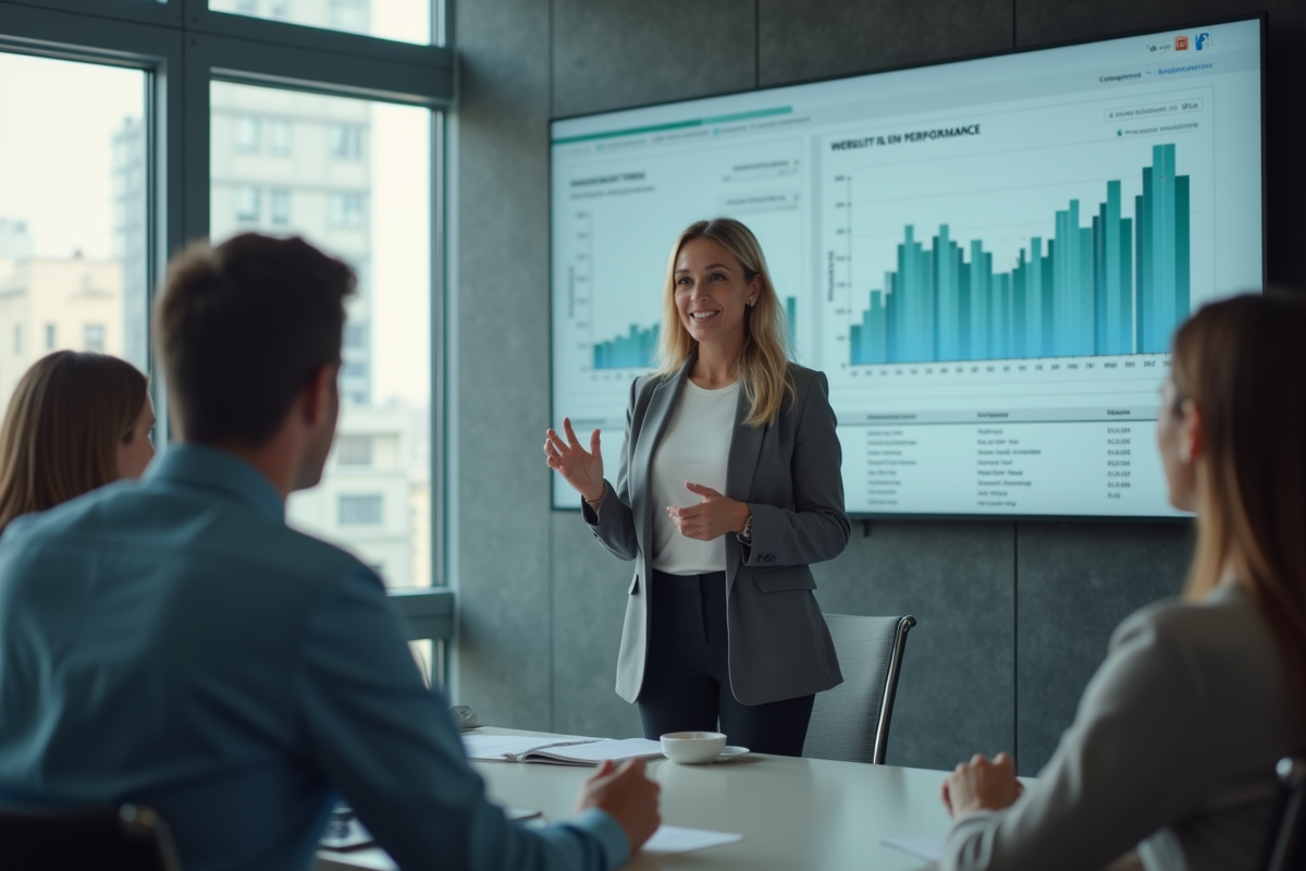 Femme confiante présentant des graphiques en réunion d