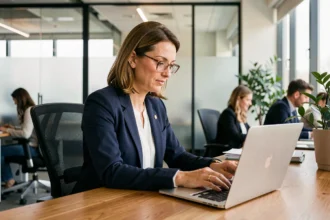 Femme professionnelle consultant ses emails sécurisés sur un ordinateur portable dans un bureau moderne