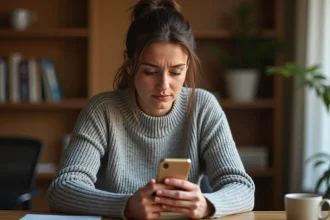 Femme consultant son smartphone pour récupérer des SMS effacés depuis la mémoire interne