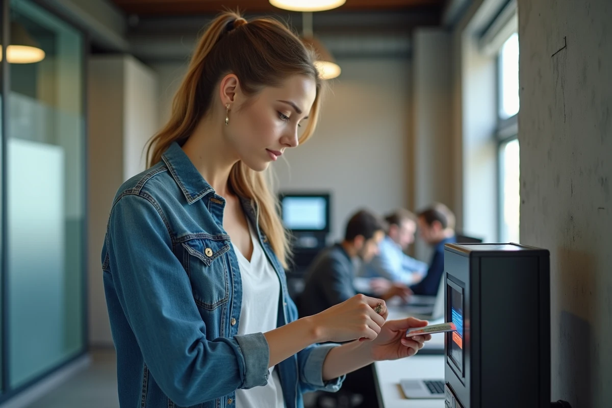Femme utilisant un scanner biometrique dans un espace de coworking