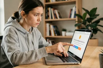 Jeune femme inspectant un avertissement de sécurité sur son ordinateur portable pour éviter les virus et fausses copies en ligne
