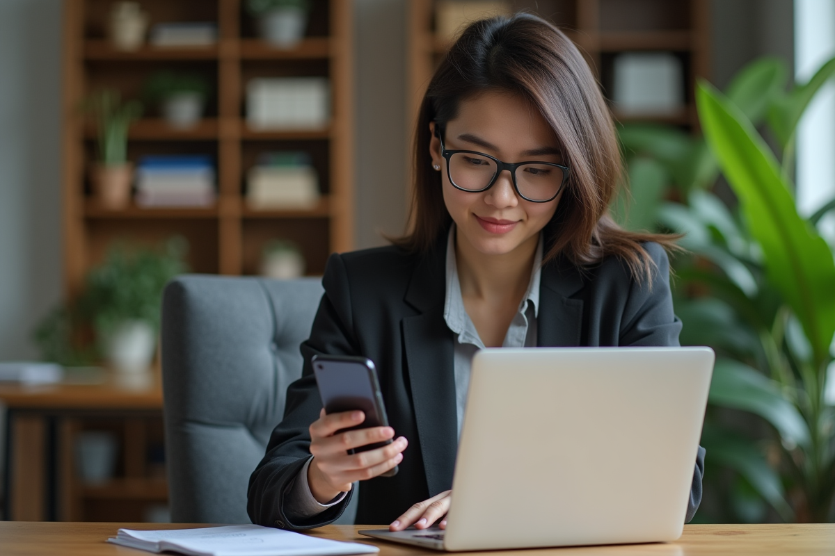Jeune femme concentrée utilisant son smartphone dans un bureau moderne