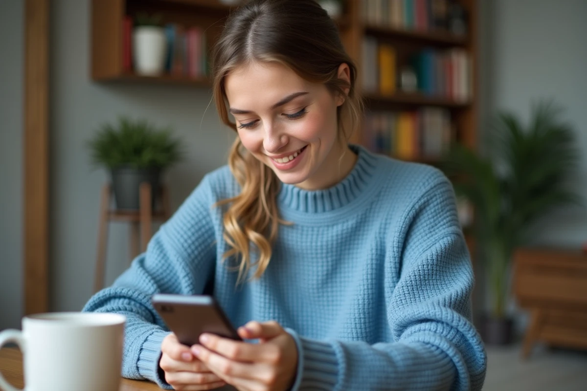 Femme souriante regardant son smartphone dans la cuisine