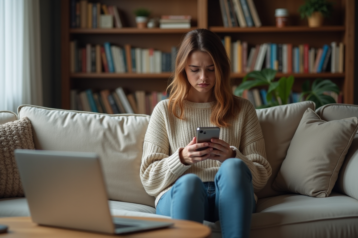 Jeune femme utilisant son smartphone à la maison