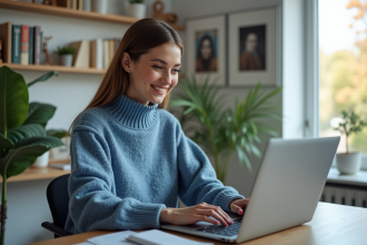 Femme souriante en bureau avec ordinateur et decor moderne