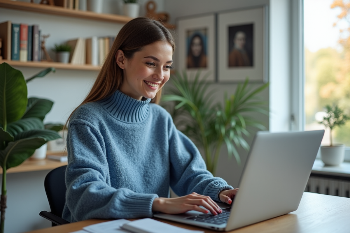 Femme souriante en bureau avec ordinateur et decor moderne
