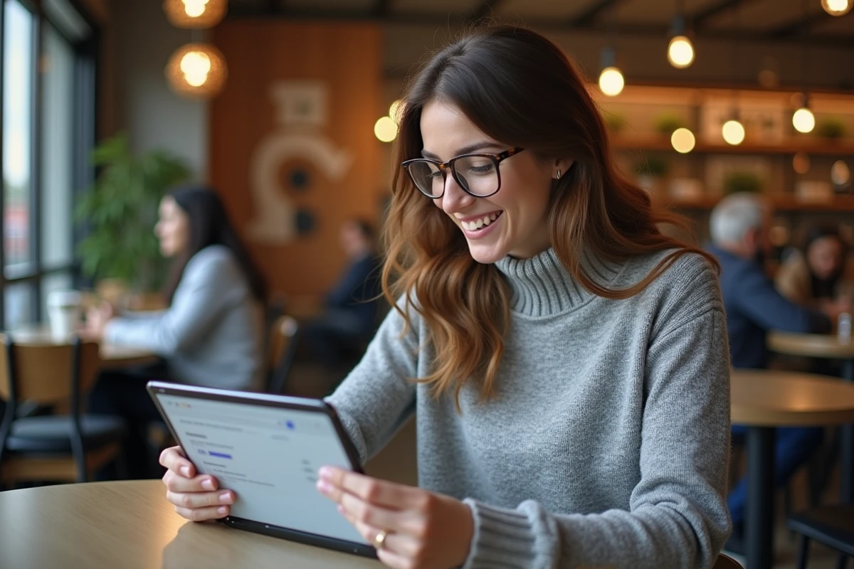 Jeune femme souriante utilise tablette dans un café