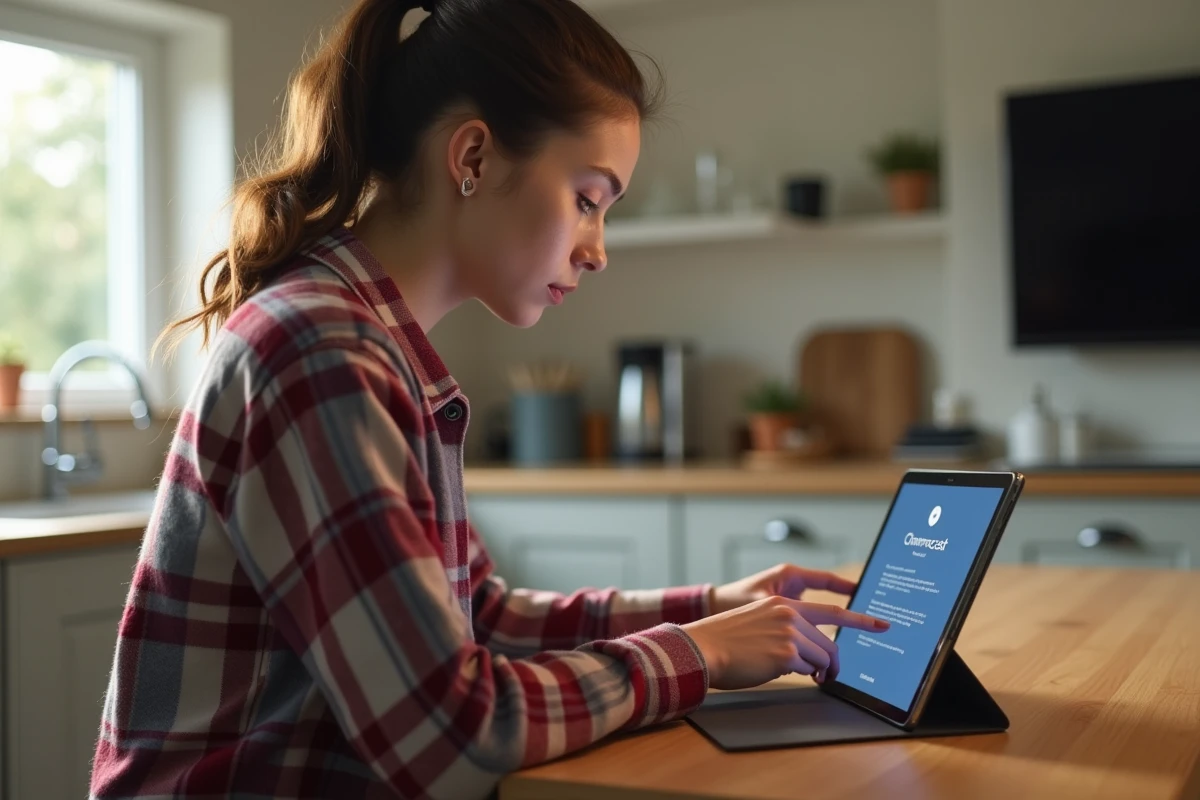 Femme concentrée utilisant une tablette avec Chromecast dans la cuisine
