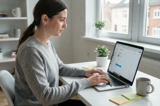 Femme en télétravail configurant les flags Chrome sur son ordinateur portable dans un bureau à domicile moderne et épuré