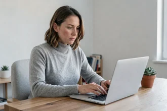 Femme utilisant Swiss Transfer sur un ordinateur portable dans un bureau minimaliste pour envoyer des fichiers de manière sécurisée