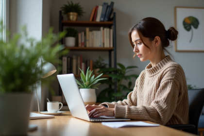 Femme travaillant sur un laptop dans un bureau moderne