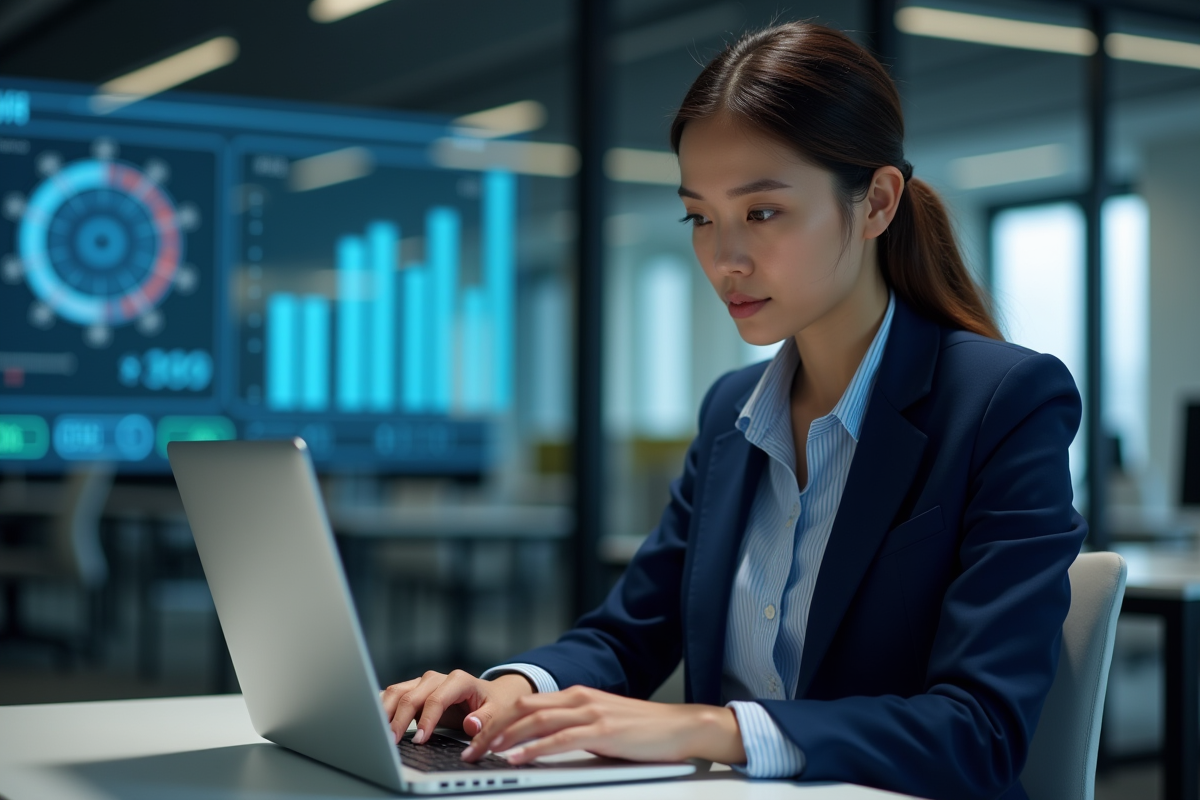 Femme concentrée travaillant sur un ordinateur dans un bureau moderne
