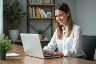 Jeune femme en bureau créatif avec ordinateur portable