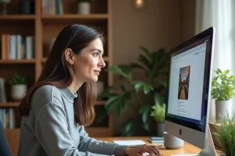 Femme utilisant Google Lens sur un ordinateur de bureau pour effectuer une recherche visuelle précise