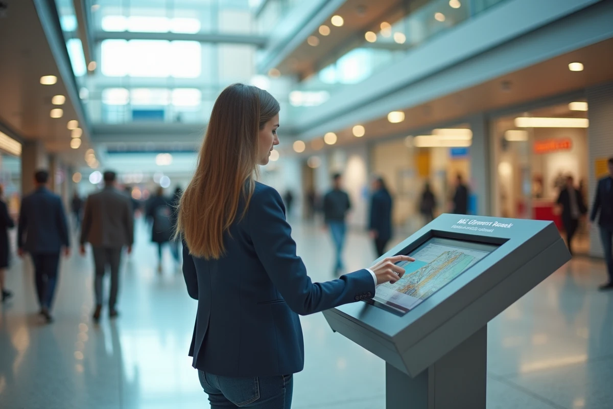 Femme dans un bâtiment public utilisant un kiosque d