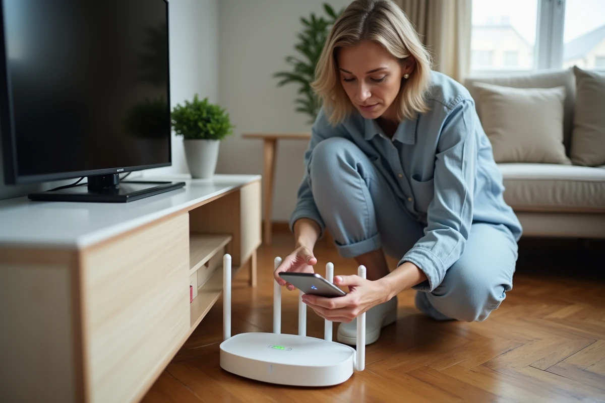 Femme vérifiant sa box internet Freebox et les erreurs de connexion depuis son smartphone dans un salon moderne