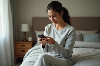 Femme en pyjama assise sur son lit tenant un iPhone et vérifiant les paramètres d'alarme et de vibration