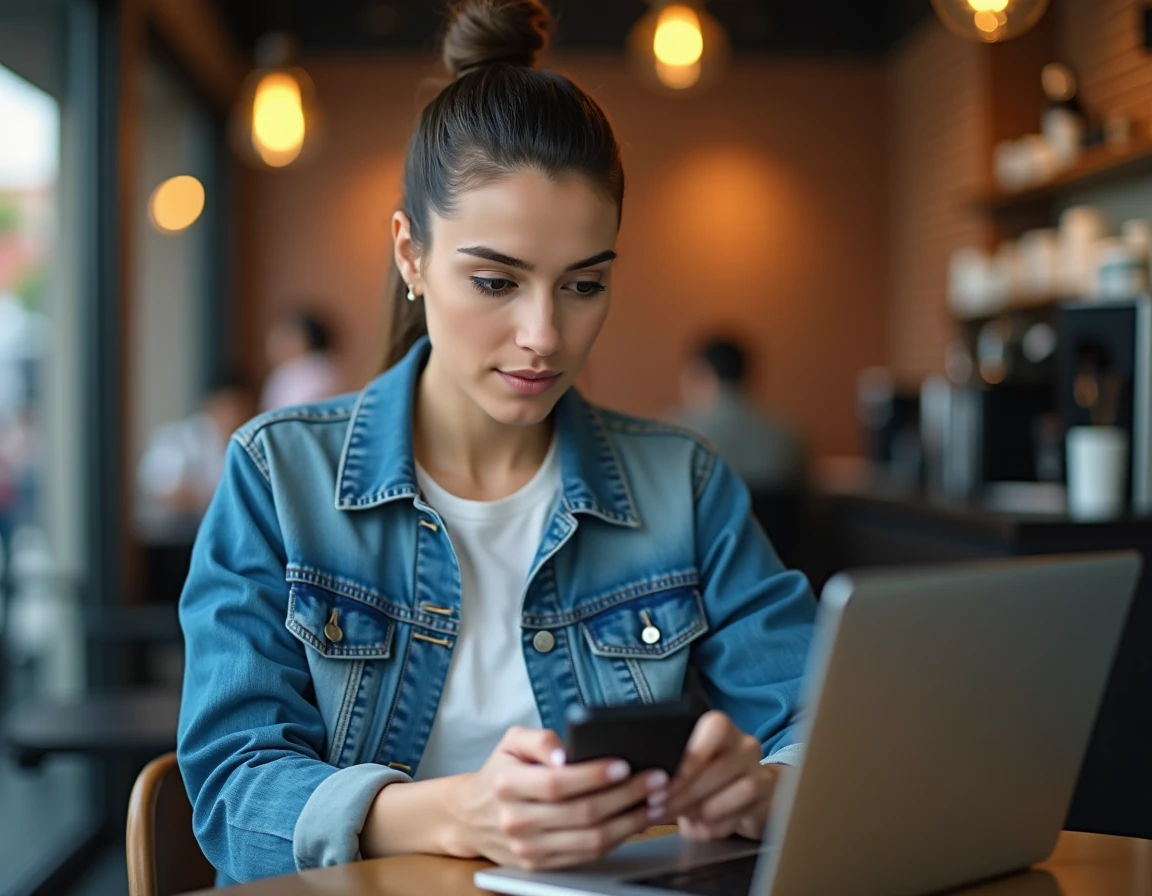 Femme utilisant une application VPN sur son smartphone pour résoudre un problème d'accès à un site web dans un café