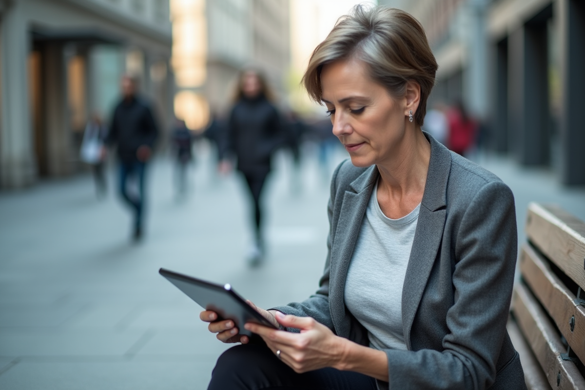 Femme connectee en ville avec une tablette et VPN