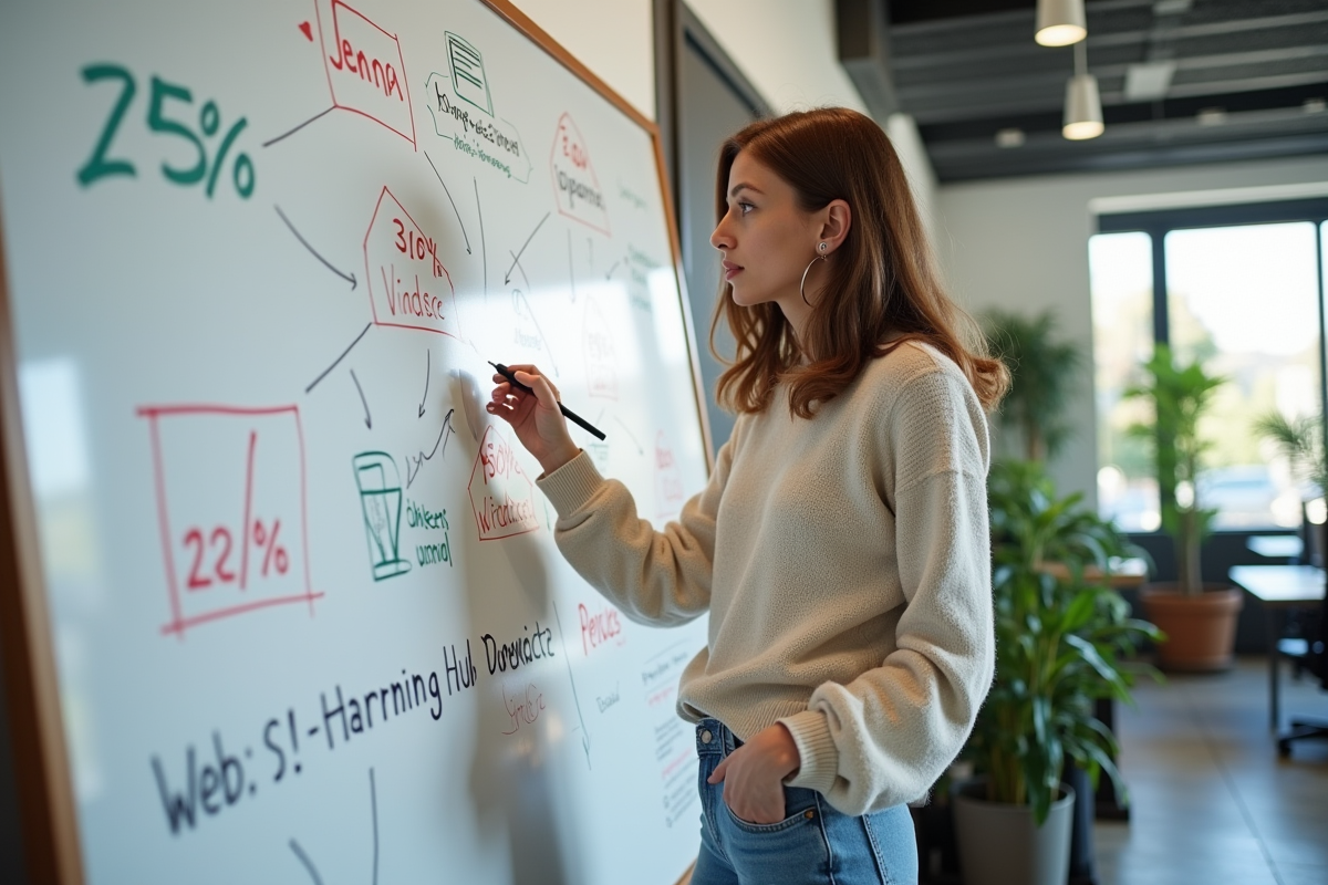 Femme discutant devant un tableau blanc avec diagrammes et chiffres
