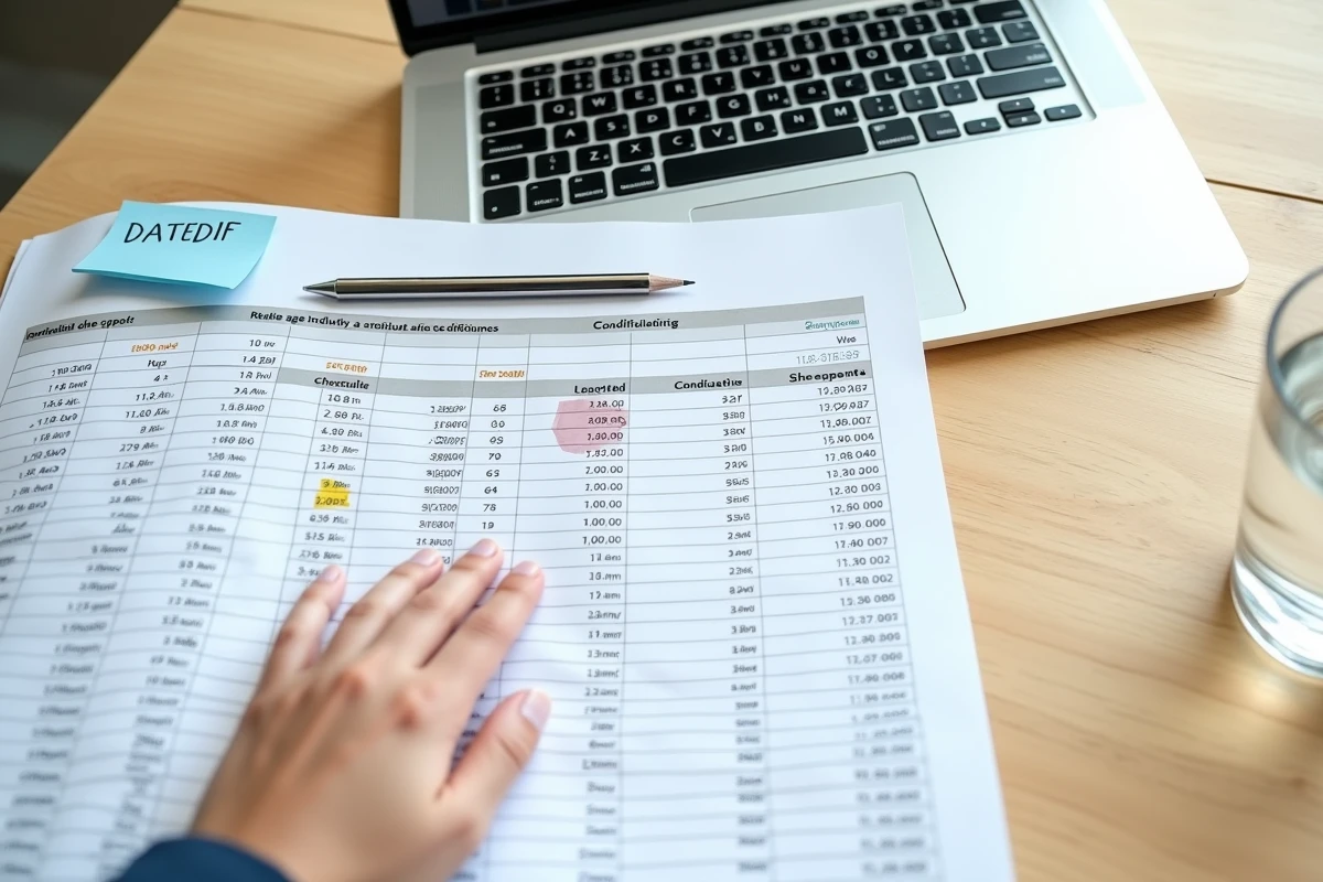 Vue aérienne d'un bureau avec un ordinateur portable affichant une formule de calcul d'âge Excel et des documents imprimés