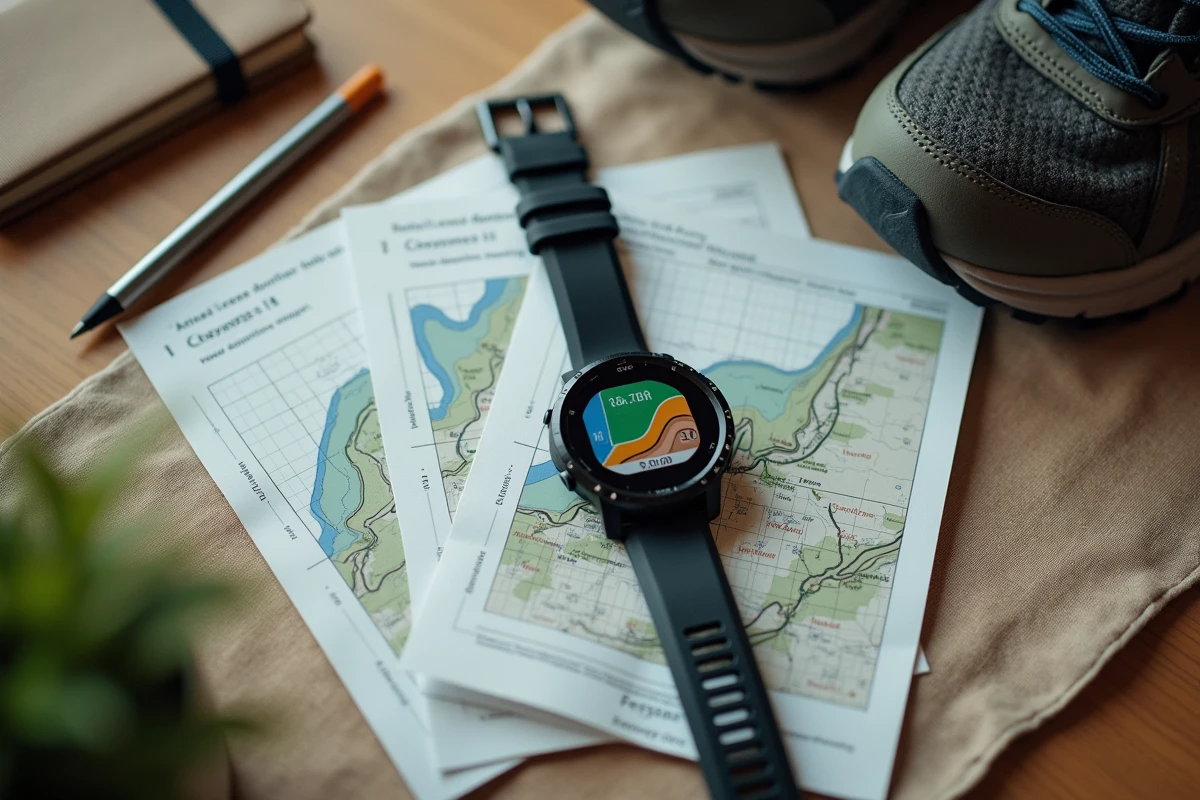 Vue aérienne d'une montre GPS affichant un parcours GPX combiné posée avec des graphiques d'altitude et des notes de préparation de course