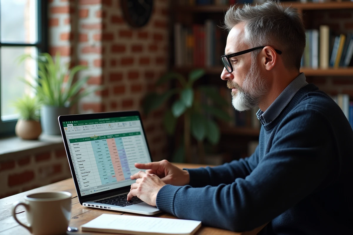 Homme en télétravail analysant des formules Excel de moyenne dynamique sur un ordinateur portable à domicile